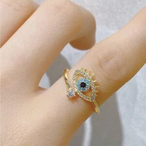 14k Gold Evil Eye Ring with Rhinestones Adjustable Ring